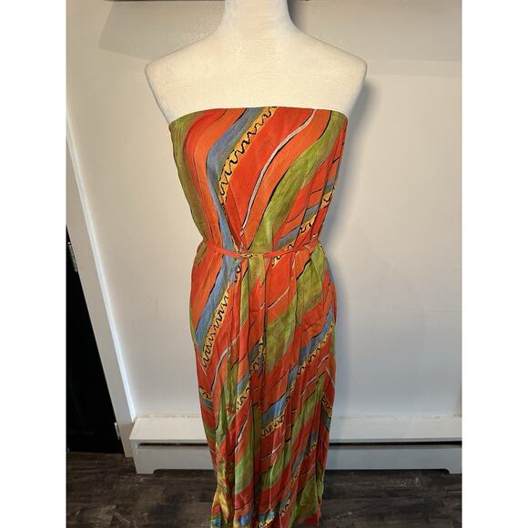 Vintage 90s Carole Little Orange Green Beach Boho Abstract Striped Dress Sz 14 - Picture 1 of 8